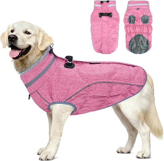Malier Dog Coat, Reflective Dog Jacket Waterproof Windproof Puppy Cold Weather Coats with Harness Built in, Winter Extra Warm Pet Coat Fleece Vest for Small Large Pets and Puppy (Pink, XXX-Large)
