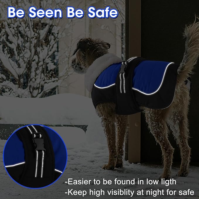 Dogcheer Waterproof Dog Coat, Christmas Dog Winter Jacket, Adjustable Puppy Fleece Coat for Cold Weather, Reflective Turtleneck Snow Jacket for Small Medium Large Dogs - Blue, 3XL