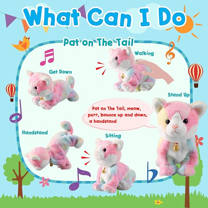 Colorful Robot Kitty Plush Toy, Interactive Meow Kitten, Electronic Pet, Animated Toy Cats for Girls & Kids, L:12"