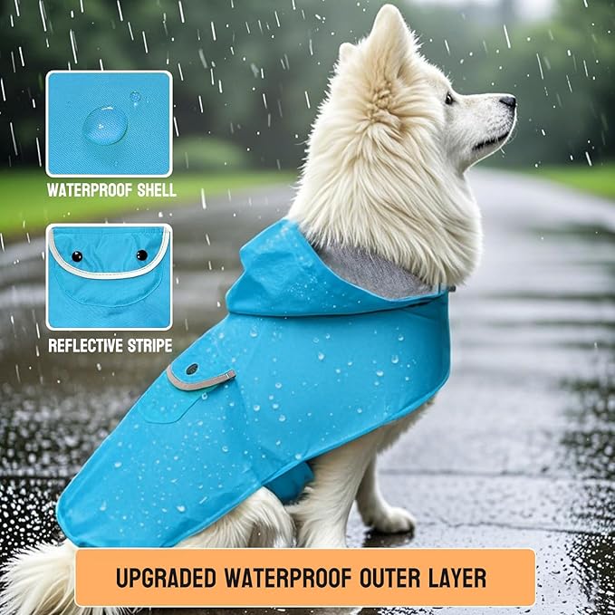 Dog Raincoat Dogs Rain Jacket Reflective Warm Lined Poncho Rainwear Waterproof Pet Clothes Pocket Hooded Leash Hole Adjustable Small Medium Dogs,Blue,XL,Back Length 14.0 Inch