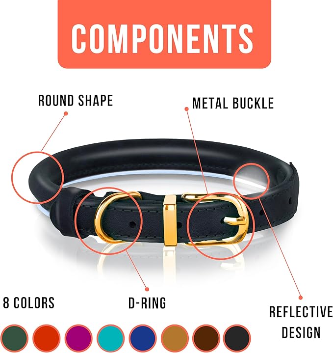OOPSDOGGY Reflective Rolled Leather Dog Collar Adjustable Soft Padded Pet Collar for Small Medium Large Breed Dogs (Black, XXS, 7"-9")