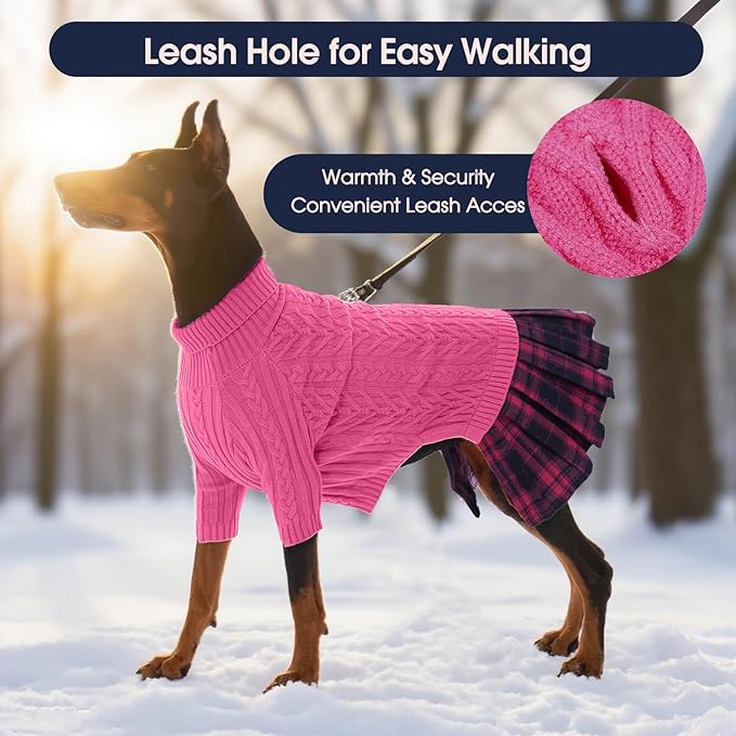 IECOii Girl XXXL Dog Sweater Dress, Girl Dog Sweaters for Extra Large Dogs Turleneck, Pink, XXXLarge, Thermal Warm Knitwear with Leash Hole, Adorable Cable Knit Sweater for Christmas & Thanksgiving