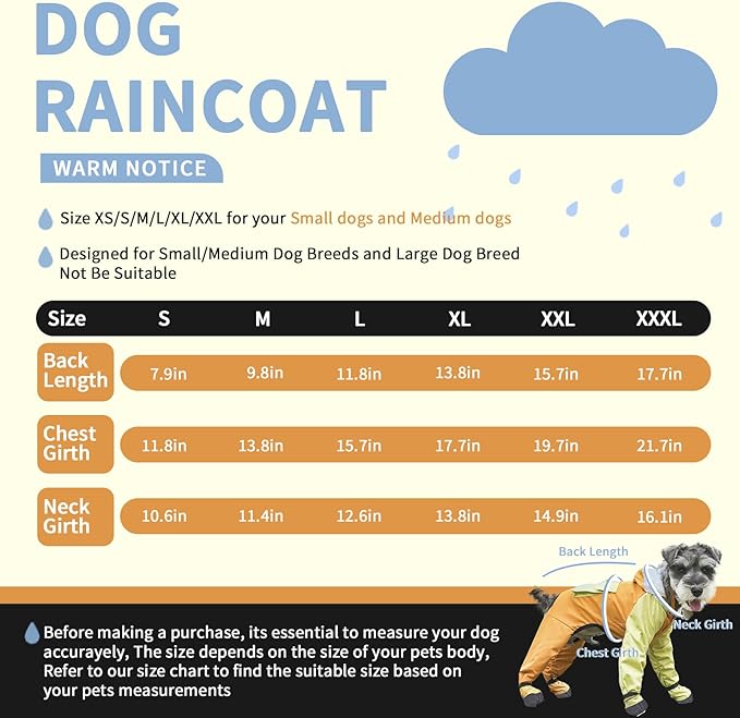 Dog Raincoat with Transparent Hood, Waterproof Jacket for Small Dogs with Snap-Button Chest, Leash Hole & Hook-and-Loop Cuffs Sleeves, Back Pocket for Treats (Yellow, Large)