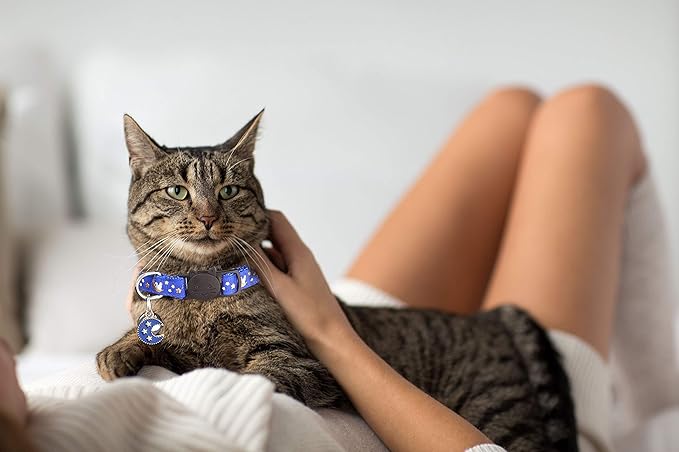 2Pcs Breakaway Cats Collars Cat Collars for Boy Cats Moons Adjustable Kitten Collars with Bell & Pendant Glow in The Dark,Black+Blue