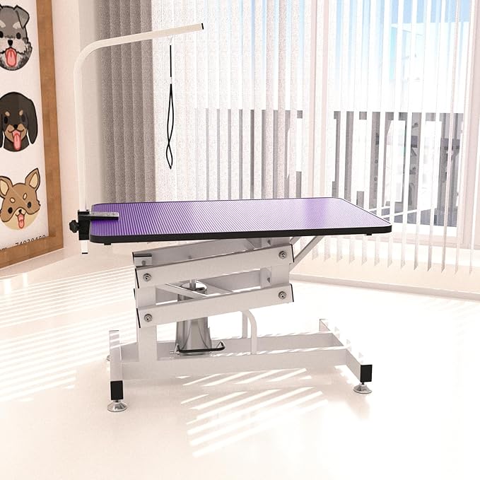 Hydraulic Dog Pet Grooming Table, 42 Inch Heavy Duty Z Lift Structure Professional Dog Grooming Table Suitable for Large Dogs at Home with Adjustable Arms, Clamps and 2 Grooming Noose, Purple
