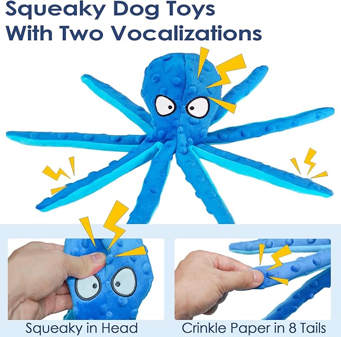8 Pack Squeaky Octopus Plush Dog Toys for Aggressive Chewers, No Stuffing, Crinkle, Durable Interactive, 4 Colors