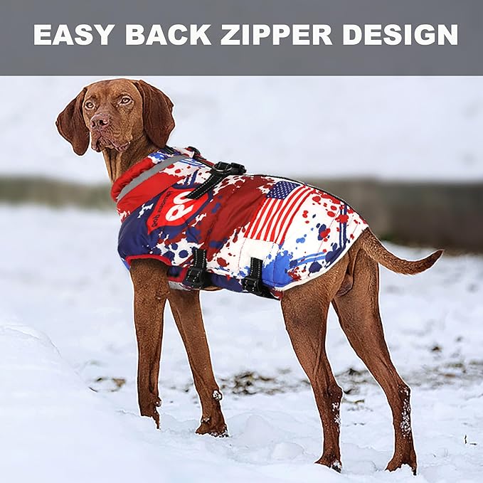 Small Dog Coat with Harness Built-in, Waterproof Reflective Fleece Lined - Warm Windproof Winter Jacket with Back Zipper, Cold Weather Snow Dog Coats - American Flag - XS