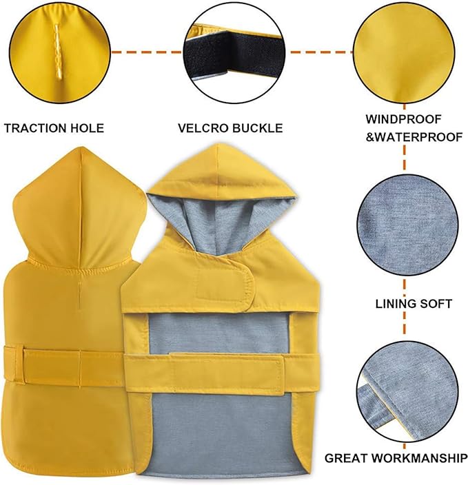 Dog Raincoat Dog Rain Jacket Poncho Waterproof Pet Rain Suit Double Layer Breathable Lining Hooded Leash Hole Adjustable for Medium Dogs,Yellow,XXXL