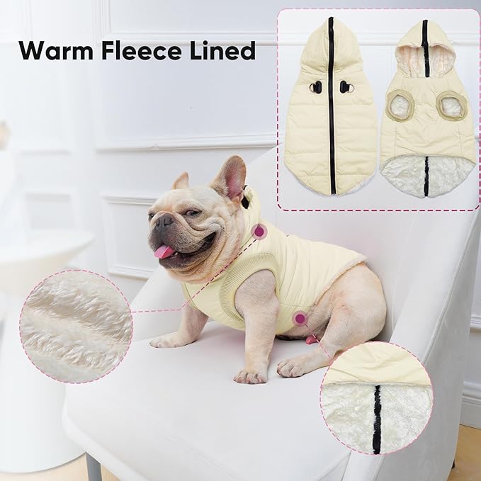 Fleece Lining Dog Hoodie with Harness Built in,Extra Warm Medium Dog Jacket in Winter Doggie Coats with Hooded,Light Yellow L