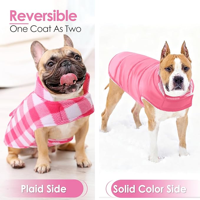AOFITEE Dog Coat Plaid Dog Winter Coat for Small Dogs, Warm Dogs Jacket Christmas Sweater, Waterproof Pet Puffer Jacket, Reversible Pet Cold Weather Coats for Small Medium Large Pets, Pink S