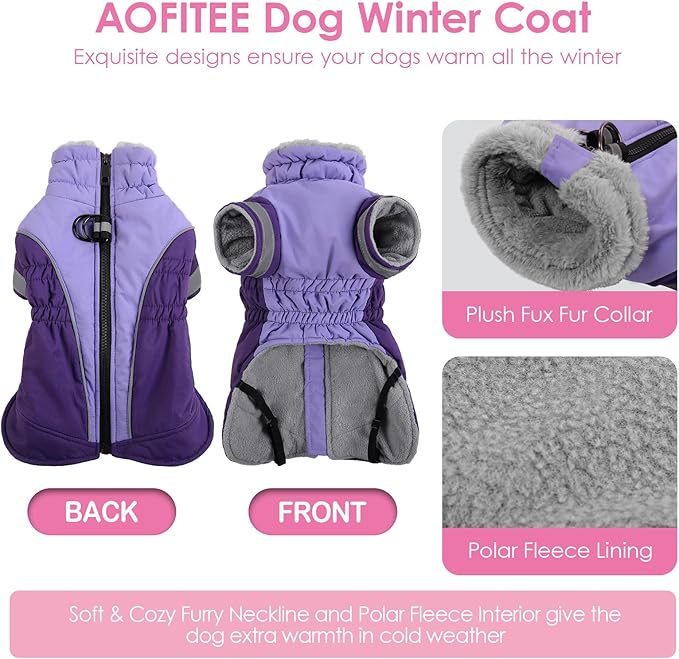 AOFITEE Dog Coat- Two Legged Large Dog Winter Jacket - Zipper Dogs Cold Weather Coat with Harness, Warm Pet Puffer Jackets Reflective Pet Snow Coats for Border Collie, Beagle, Purple XL