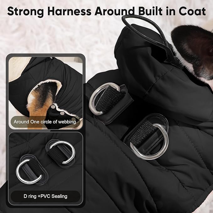 Fleece Lining Dog Hoodie with Harness Built in,Extra Warm Medium Dog Jacket in Winter Doggie Coats with Drawstring Hooded,Black XL