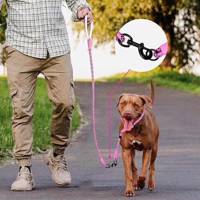 Detachable 2/5" Slip Lead, 4FT 6FT 8FT with Comfortable Silicone Handle Strong Rope Leash for Large Medium Small Dogs No Pull Highly Reflective Pet Training Leash (Pink-Black, 4FT)