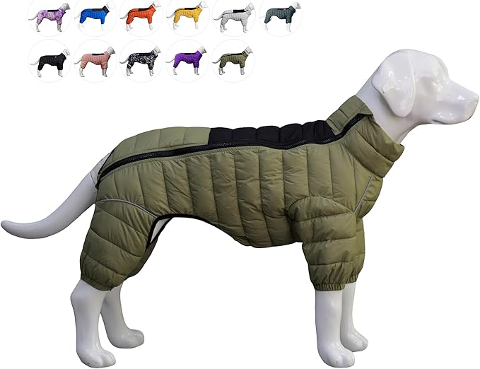 Lovelonglong Dog Coat Dog Warm Jacket, 4 Legs Covered Waterproof Windproof Reflective Warm Dog Vest, Zippered Adjustable Outdoor Dog Snow Jacket for Small Medium Large Dogs Olive Green XXL