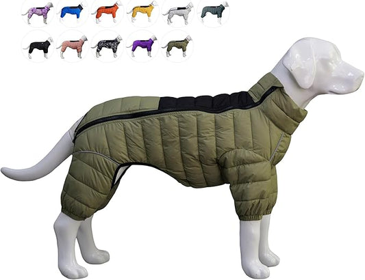 Lovelonglong Dog Coat Dog Warm Jacket, 4 Legs Covered Waterproof Windproof Reflective Warm Dog Vest, Zippered Adjustable Outdoor Dog Snow Jacket for Small Medium Large Dogs Olive Green XXL
