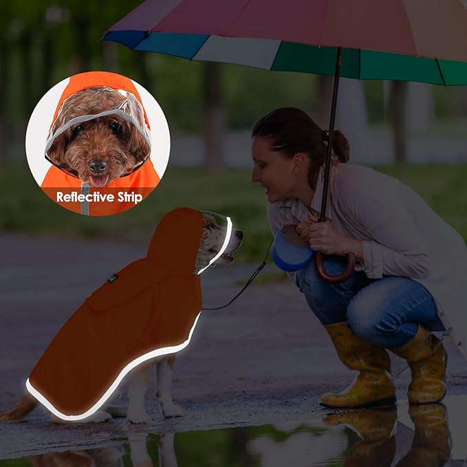 SlowTon Dog Raincoat, Adjustable Dog Rain Jacket Clear Hooded Double Layer, Waterproof Poncho with Reflective Strip Straps and Storage Pocket for Small Medium Large Dogs Puppies(OR XXXL)