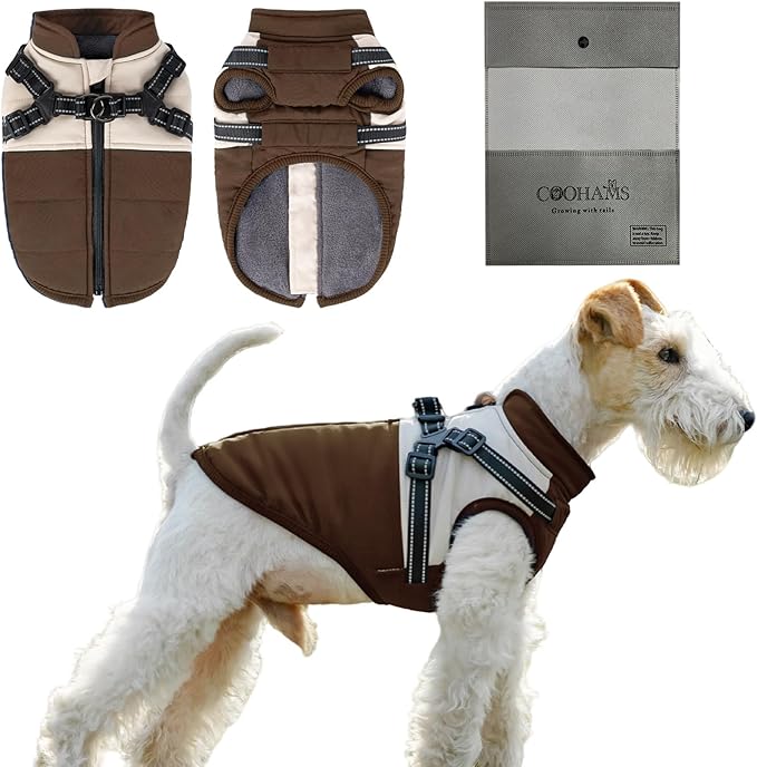 Dog Winter Coat for Small & Medium Dogs (Up to 31lb), Waterproof Dog Coat with Harness, Puppies Windproof Puppy Puffer Jacket, Snowsuit for Dachshund,Frenchie, Corgi (Classic Brown, 2XLarge)