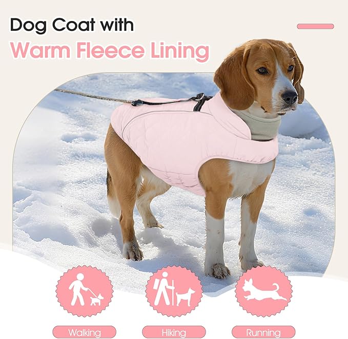 Dog Coat with Harness Built in -Pink,Medium- Fleece Lined Dog Snow Jacket Snowsuit，Adjustable Reflective Winter Warm Cold Weather Coat