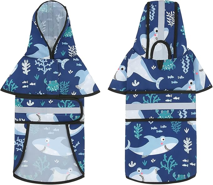 HDE Dog Raincoat Jacket Reflective Adjustable Hooded Pet Poncho Rain Coat with Leash Hole for Small to X-Large Dogs Sharks - S