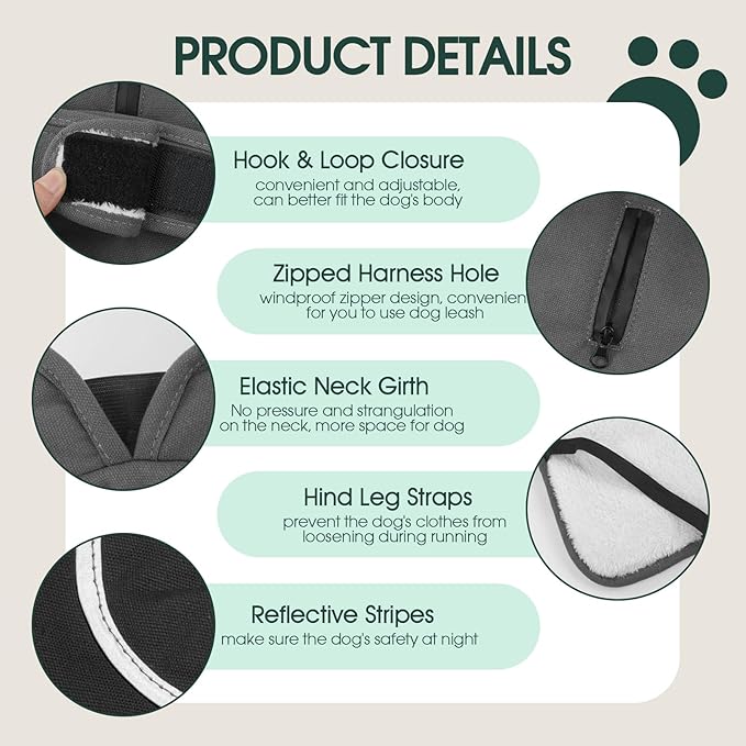 Kuoser Canvas Dog Coat, Warm Dog Jacket Reflective Fleece Pet Cold Weather Coat, Warm Doggie Clothes Waterproof Winter Vest with Zipper Leash Hole for Small Medium Large Dogs, Grey L
