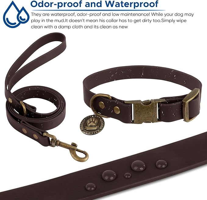 Wisedog Dog Collar and Leash Set, Waterproof Adjustable Puppy Collars with Cute Tag 6FT Dog Leash with Poop Bag for Small Medium Large Dogs (XS(Collar:8.5"-12";Leash:4 ft), Brown)