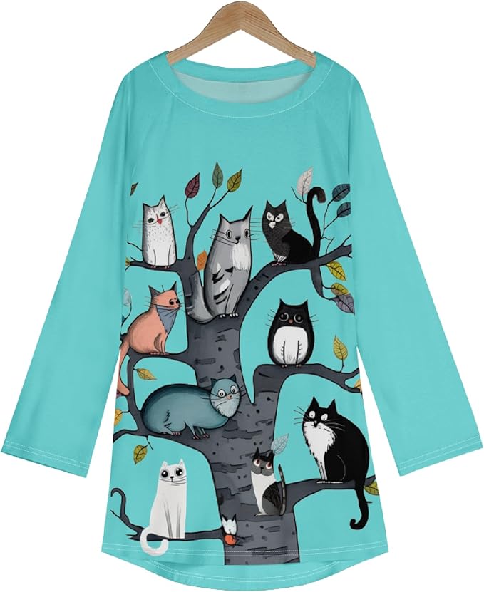 Womens Tunic Shirt Cute Cat Print Long Sleeve Round Neck Women T Shirts Cotton Casual Plus Size Vacation Tunics Tops