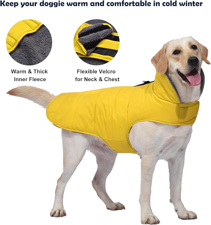 Dog Winter Coat, Waterproof Dog Jacket with Leash Hole, Reflective Adjustable Pet Snow Vest, Warm Fleece Sweater for Small Medium Large Dogs - Yellow, XL