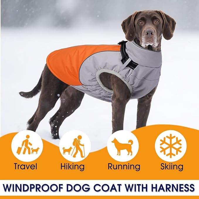 Dog Coat,Water-Repellent Dog Winter Jacket with Adjustable Buckle,Reflective Turtleneck Pet Snow Vest Dogs,Warm FleeceDog Winter Coat Cold Weather Jacket with Harness Built-in,Orange,M