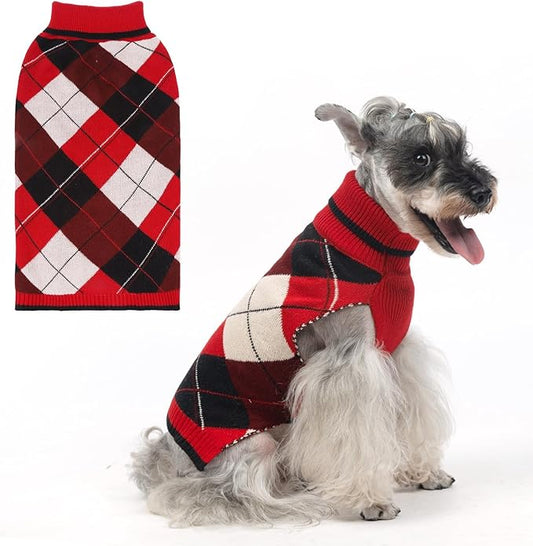 KOOLTAIL Dog Sweater Pet Knitted Clothes-Classic Plaid Pullover Turtleneck Red Fleece Dog Christmas Sweaters with Leash Hole, Thick Warm Dog Winter Clothes for Small Medium Large Dogs Cats Puppy, M
