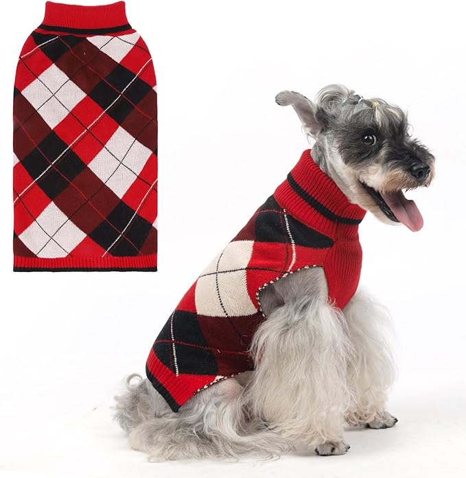 KOOLTAIL Dog Sweater Pet Knitted Clothes-Classic Plaid Pullover Turtleneck Red Fleece Dog Christmas Sweaters with Leash Hole, Thick Warm Dog Winter Clothes for Small Medium Large Dogs Cats Puppy, ML