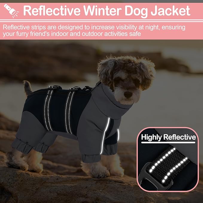 KOESON Four Legged Winter Dog Jacket with Adjustable Buckles, Turtleneck Windproof Fleece Jacket, Reflective Fullbody Puffer Coat Blue Grey M