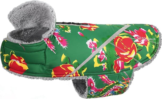VIVAGLORY Snowrap Dog Coat, Jacket with Harness Hole & Velcro Closure, Dog Coat for Winter & Cold Weather, Fluffy Warm Fleece Lined Reflective Water Resistant for Puppy, XS, Northeast Florals-Green