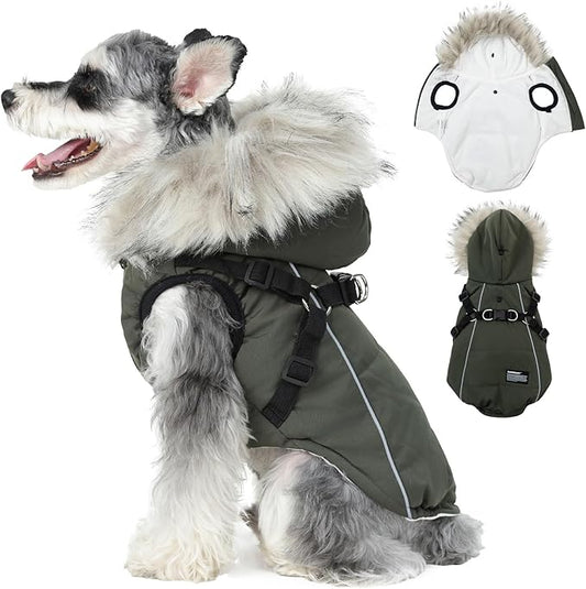 PINA Dog Winter Coat Winter Jacket with Waterproof Fabric, Faux Fur Hood, Reflective Strap for Small Medium Large Dogs, Green, 3XL