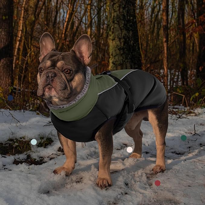 IECOii Extra Warm Dog Coat Reflective Adjustable Winter Jacket with Buckle Fleece Turtleneck for Cold Weather, Soft for Small Medium Extra Large Dogs, Army Green