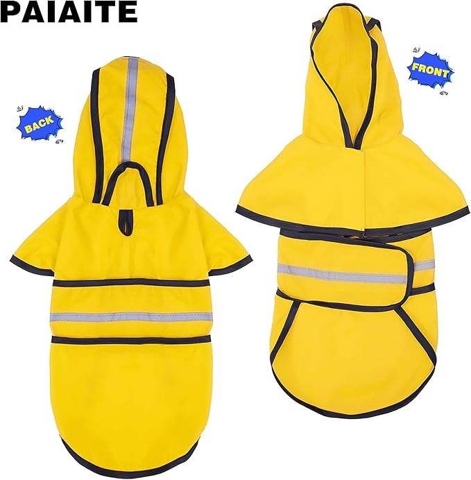 Paiaite Dog Raincoat: Hooded Slicker Poncho, Durable Waterproof Jacket with Reflective Stripes for Safety, Convenient Leash Hole, and Adjustable Fit, Perfect for Small, Medium, and Large Dogs Yellow M