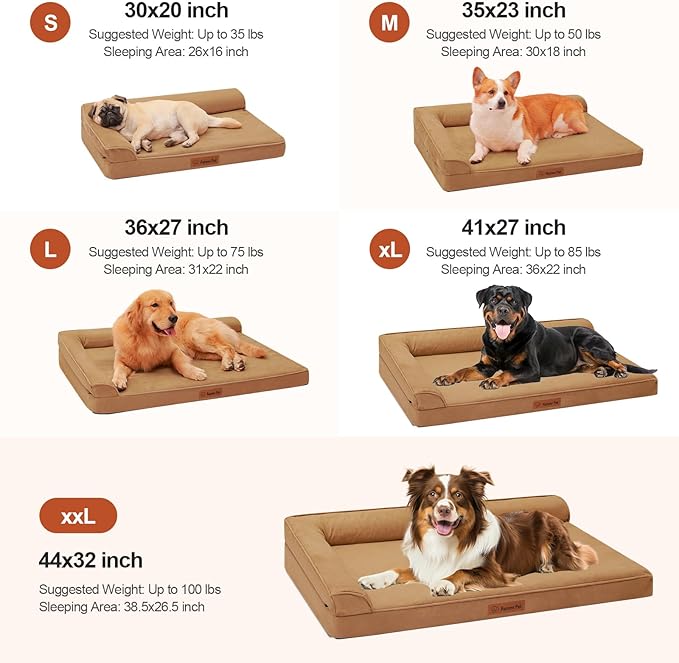 Orthopedic Dog Beds Large Sized Dog, Memory Foam Pet Bed for Medium and Large Dogs, Removable and Washable Microsuede Cover, TPU Waterproof Liner, Nonskid Bottom, 41x27x6 Inches, Khaki