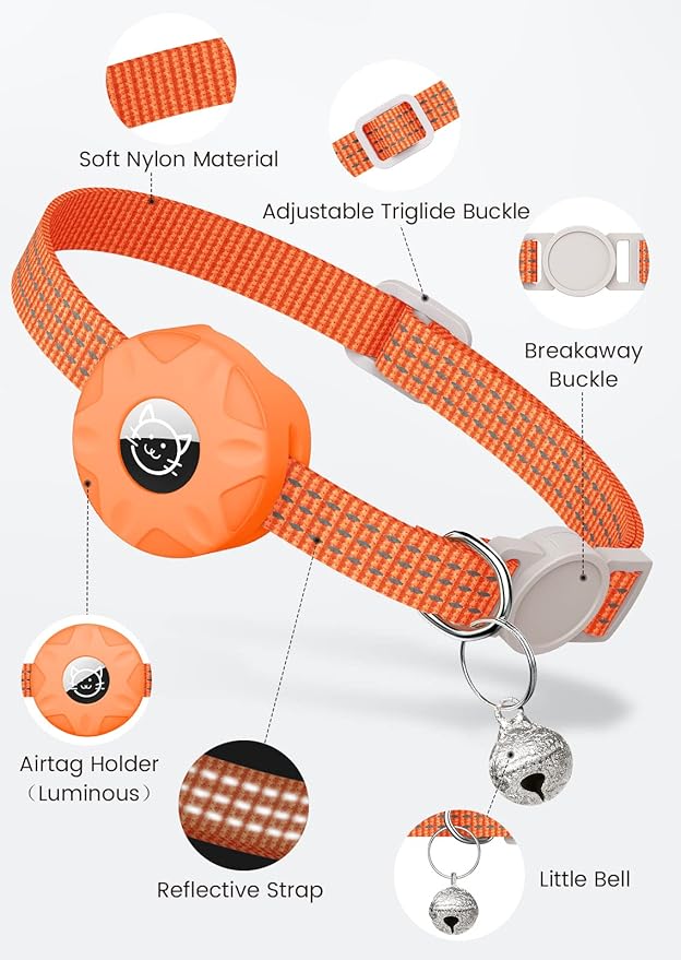 AirTag Cat Collar, Reflective Kitten Collar Breakaway Apple Air Tag Cat Collar, GPS Cat Collar with AirTag Holder and Bell, Lightweight Tracker Cat Collars for Girl Boy Cats Puppies (Orange)