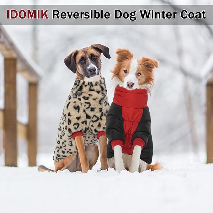 IDOMIK Reversible Dog Winter Coat, Thick Warm Dog Coat with Leopard Fleece Lining&Zipper, Adjustable High Collar Waterproof Jacket, Reflective Pet Cold Weather Coats for Large Dogs,Red,XL