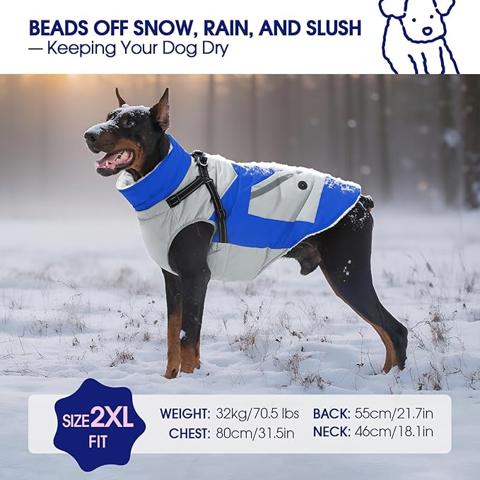 FUAMEY Dog Winter Jackets for Large Dogs,Dog Coat with Harness Built in,Waterproof Dogs Snowsuits Warm Pet Jacket Zip Up Fleece Cold Weather Coats Reflective Puppy Vest with Pocket Blue XL