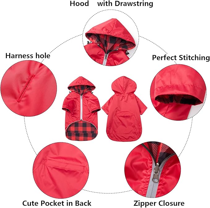 Dog Raincoat Dogs Waterproof Reversible rain Jacket Dog Small Medium Breeds Reflective Zipper Storage Pocket Harness Hole - Red - XS