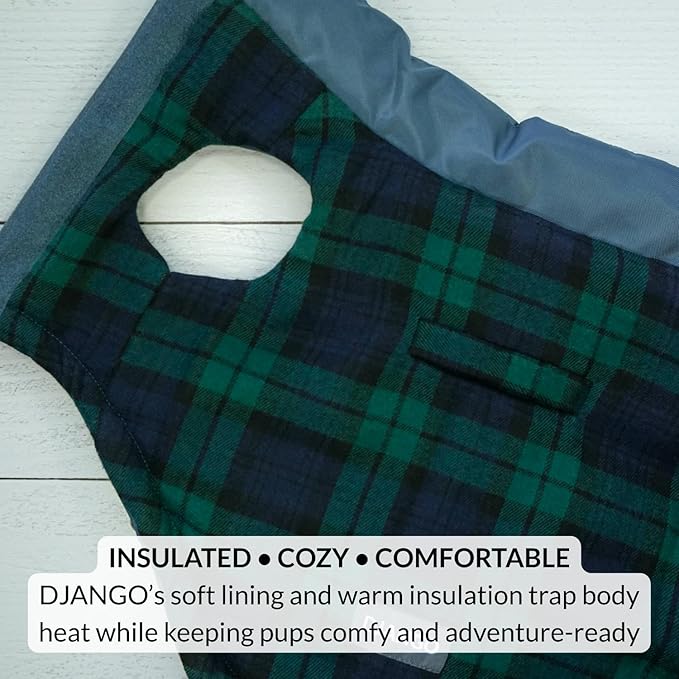 DJANGO Reversible Puffer Dog Coat – Warm Winter Dog Jacket & Water-Repellent Insulated Dog Coat w/Harness Hole, Windproof, Adjustable Fit for Small & Medium Dogs, Dachshunds – Twilight Blue, Small