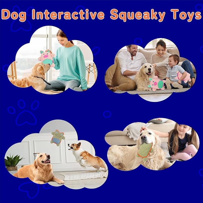 Crinkle Dog Toys Squeaky Plush No Stuffing Cute Puppy Stuffless Tough Rop Pull Toy, Fun Dog Stuffed Animals Durable Chew Set for Small Medium Large Pup (Large, Pink Pig+Green Frog)