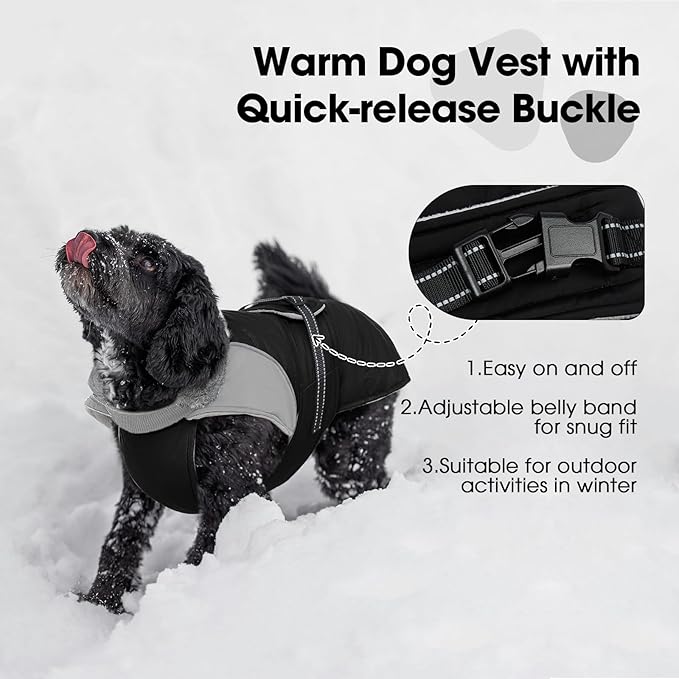 Nanaki Warm Fleece Lined Winter Coat Jacket Vest For Dogs, Waterproof Reflective Dog Snowsuit With Leash Hole, Furry Collar Medium Puppy Coat for Outdoor Walking Hunting, Easy On Pet Snowsuit Black XL
