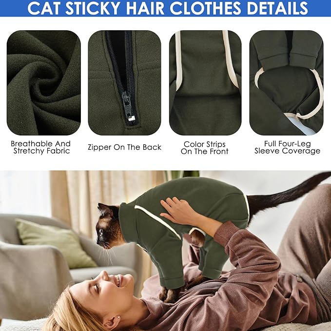 Cat Onesie - Army Green, Soft & Breathable Cat Pajamas for Sizing S. Surgery Suit & Hair Spreading Prevention