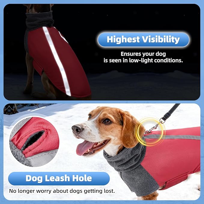 SlowTon Winter Dog Coat, Warm Polar Fleece Lining Doggie Outdoor Jacket with Turtleneck Scarf Reflective Stripe Adjustable Waterproof Windproof Puppy Vest Soft Pet Outfits (L,Red)