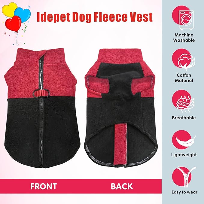 Idepet Dog Fleece Vest Sweater Zip Up Warm Pullover Dogs Jacket with D-Ring Leash Winter Cold Weater Coat Pet Sweatershirt Clothes Hoodie for Small Medium Dogs Boy Girl (Red/Black, L)