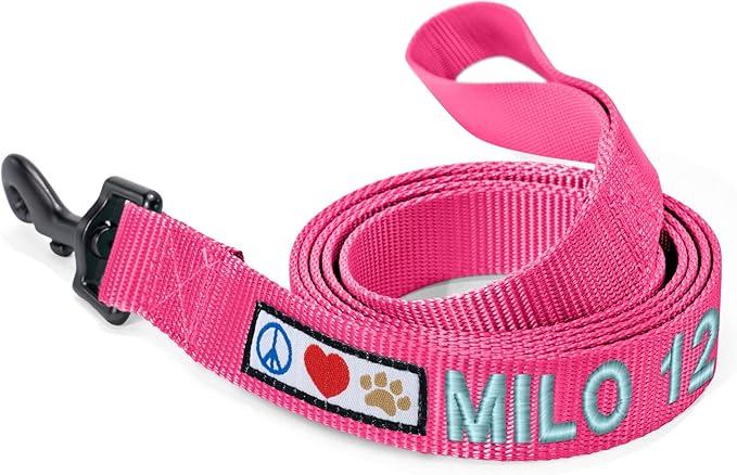 Pawtitas Personalized Dog Leash - Custom Embroidered with Pet Name & Phone Number - 6 ft Pink Small Dog Leash
