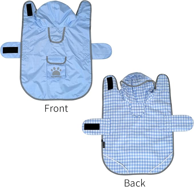 MAMORE Dog Raincoat Reversible,Waterproof Dog Rain Coat Hooded Slicker Poncho with Reflective Strip, Plaid Double Layer Rain Jacket for Small Medium Large Dogs (Light Blue, Small)