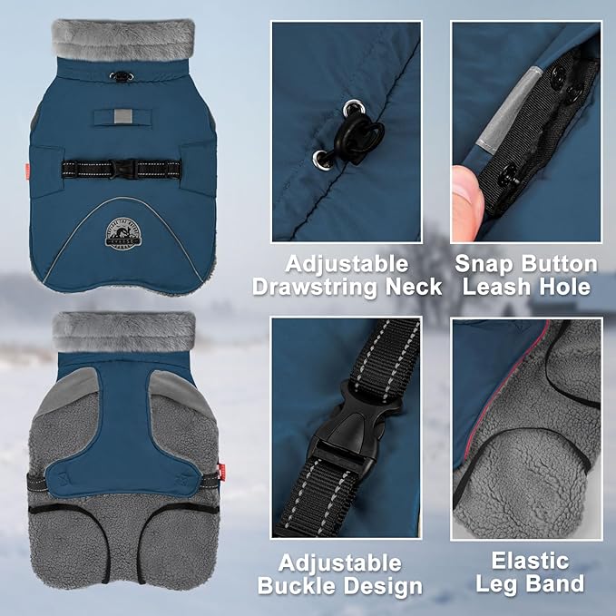 KYEESE Waterproof Dog Coat, Windproof Winter Jacket with Thick Fleece Lining, Extra Warm Turtleneck Dog Coats for Medium Dogs with Leash Hole and Reflective Design, Navy Blue, X-Large