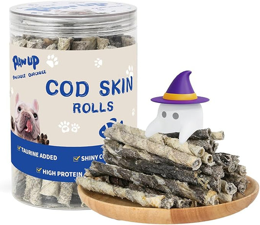 PAWUP Cod Skin Rolls Dog Treats Natural High Omega 3 Dog Snacks, Single Ingredient Cod Skin Chews for Small Dogs w/Taurine, 8 oz